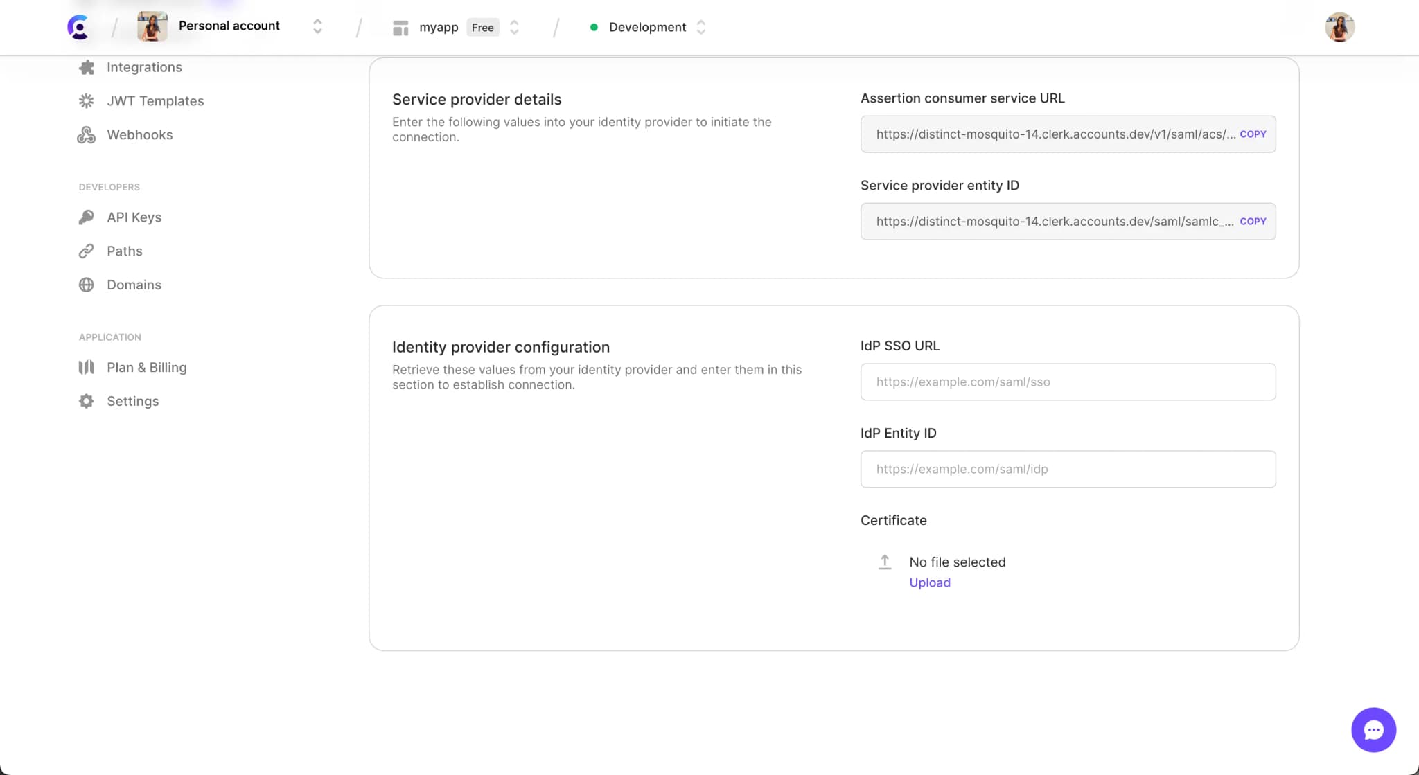 The configuration settings for the Enterprise connection that was created. The page is scrolled down to show the 'Identity provider configuration' section.