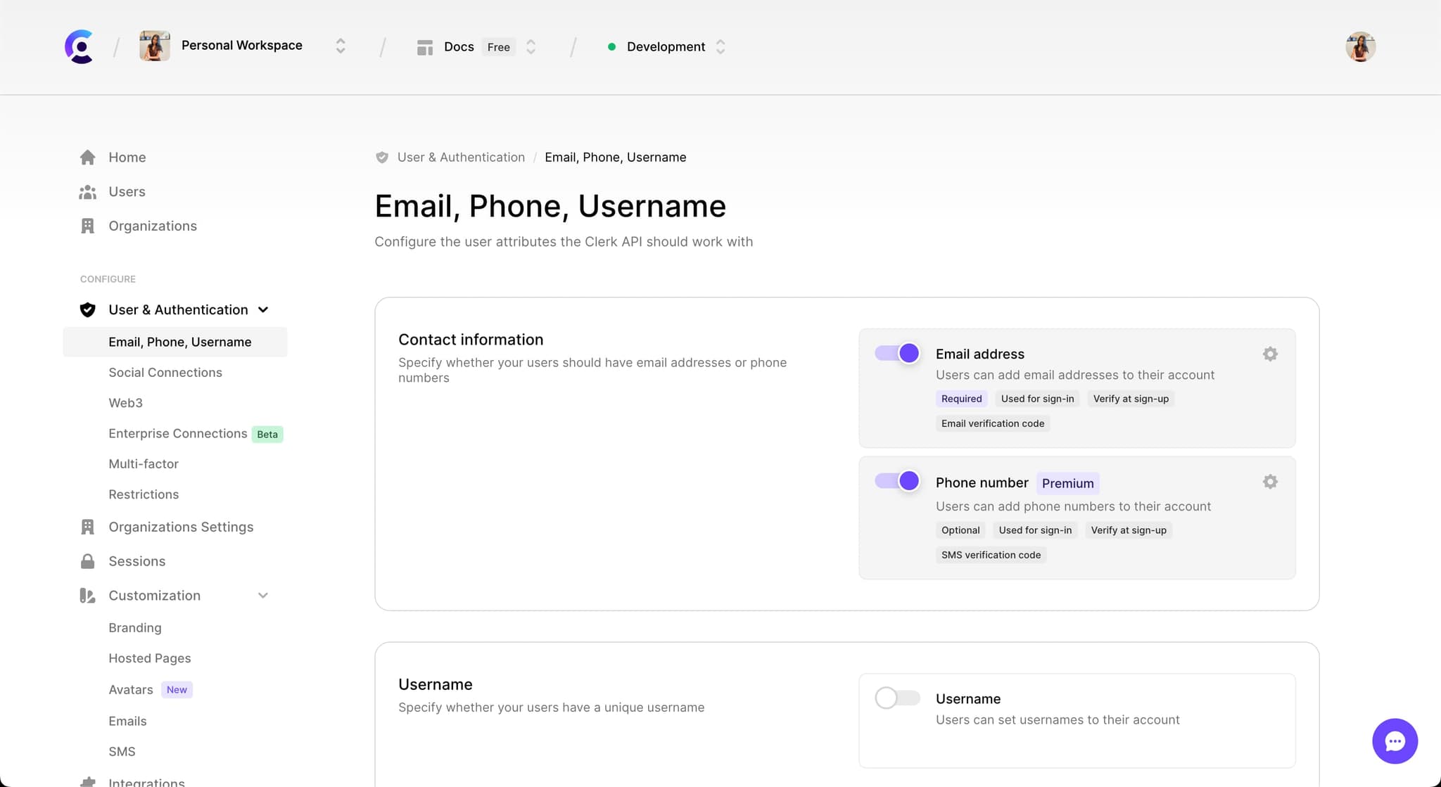 The 'User and Authentication' section of the Clerk Dashboard, which defaults to the 'Email, Phone, Username' tab.