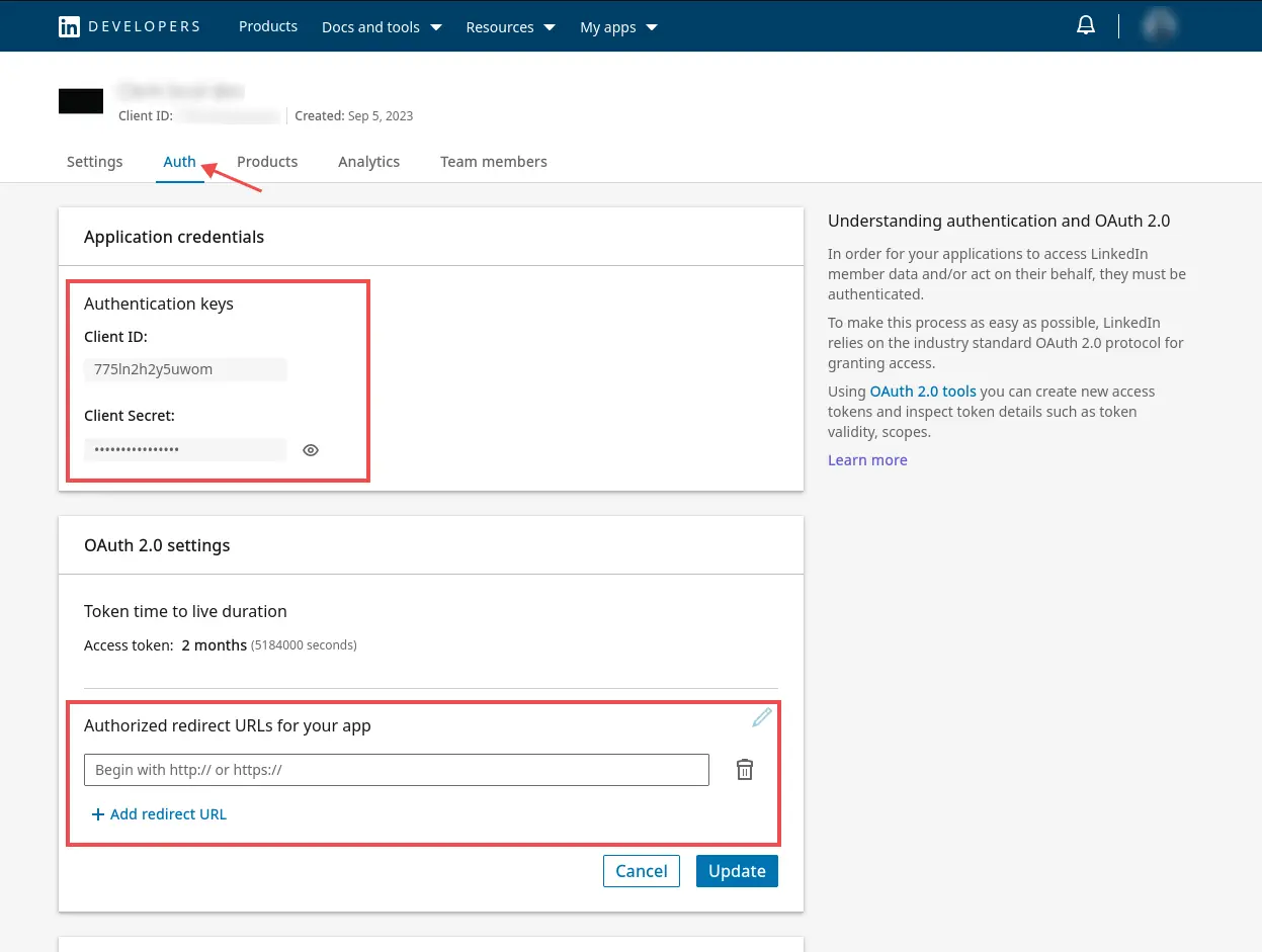 The 'Auth' tab in the Linkedin Developer dashboard for a user's application. There is a red box around the 'Authentication keys' section, which contains the 'Client ID' and 'Client Secret' values. There is also a red box around the 'Authorized redirect URLs for your app' section.