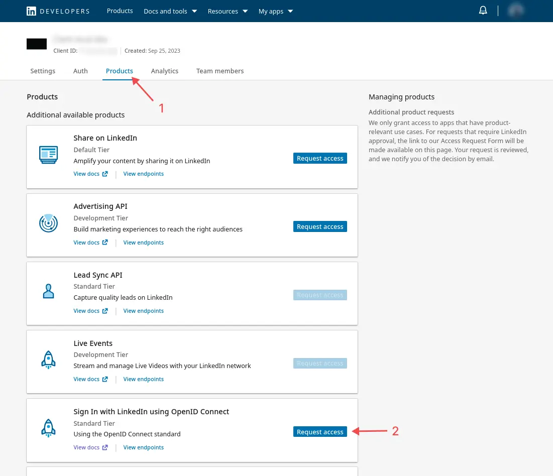 The 'Products' tab in the Linkedin Developer dashboard for a user's application. There is a red arrow with the number 1 pointing to the 'Products' tab and a red arrow with the number 2 pointing to the 'Request access' button on the 'Sign In with LinkedIn using OpenID Connect' product.