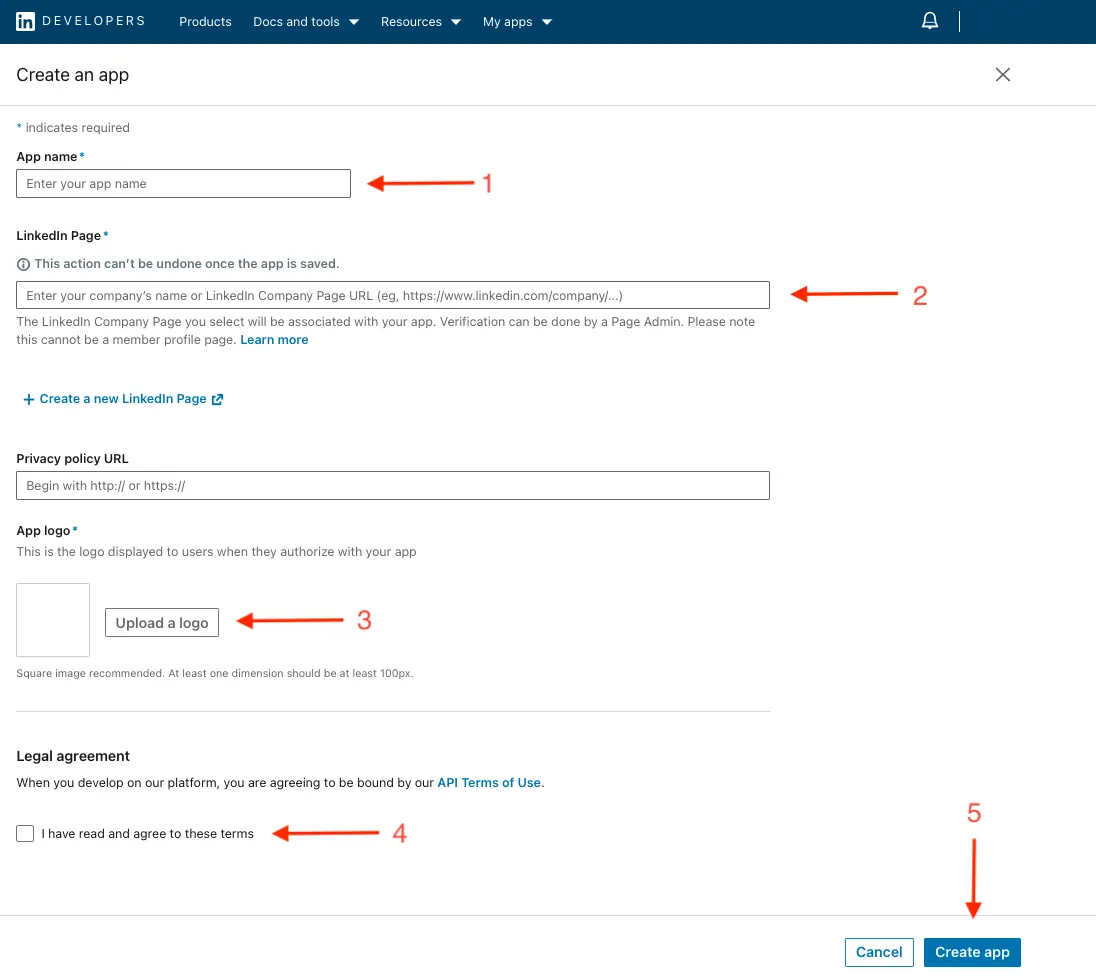 The 'Create new app' form in the Linkedin Developer portal.