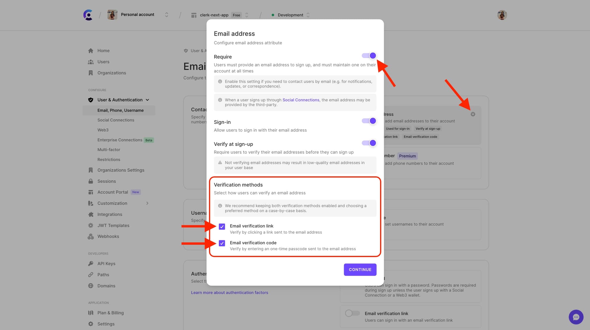 The 'Email address' configuration settings modal. There is a red arrow pointing to the Settings cog next to 'Email address', showing where a user must click to open this modal. In this modal, there is a red arrow pointing to the 'Require' toggle, which is toggled on. There is also a red box surrounding the 'Verifcation methods' section, and within this section, there are red arrows pointing to 'Email verification link' and 'Email verification code' check boxes, both checked.