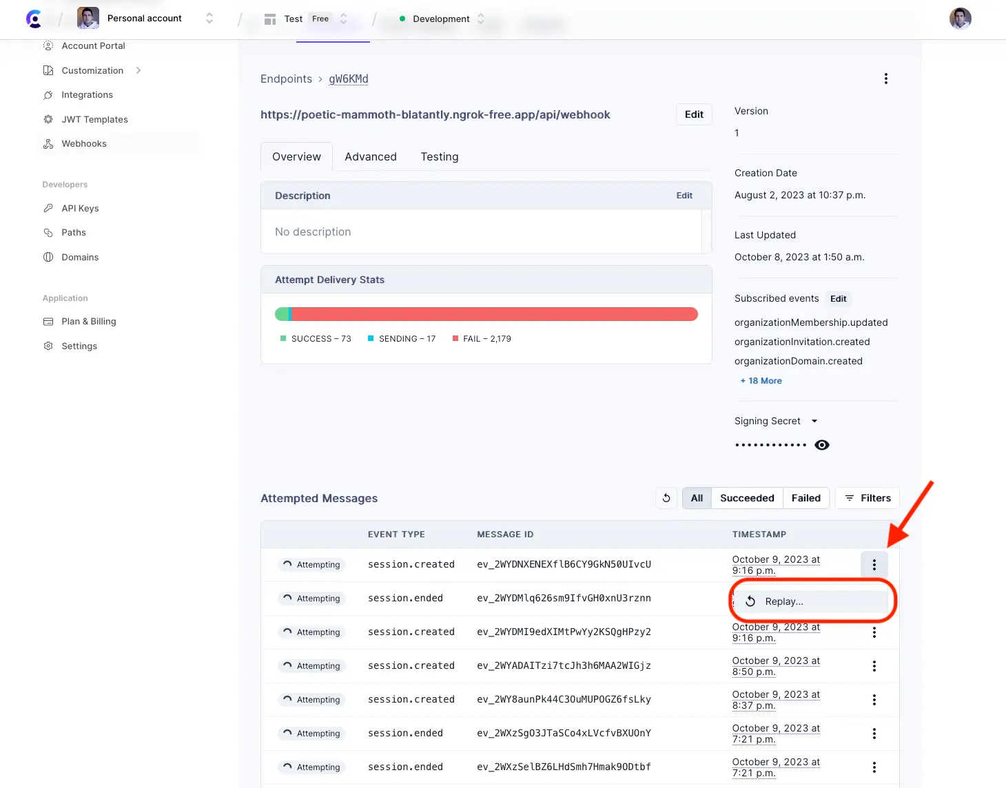 The Webhooks page of the Clerk Dashboard. There is a red arrow pointing to the Replay option for a failed webhook message. There is a red box around the 'Replay' button.