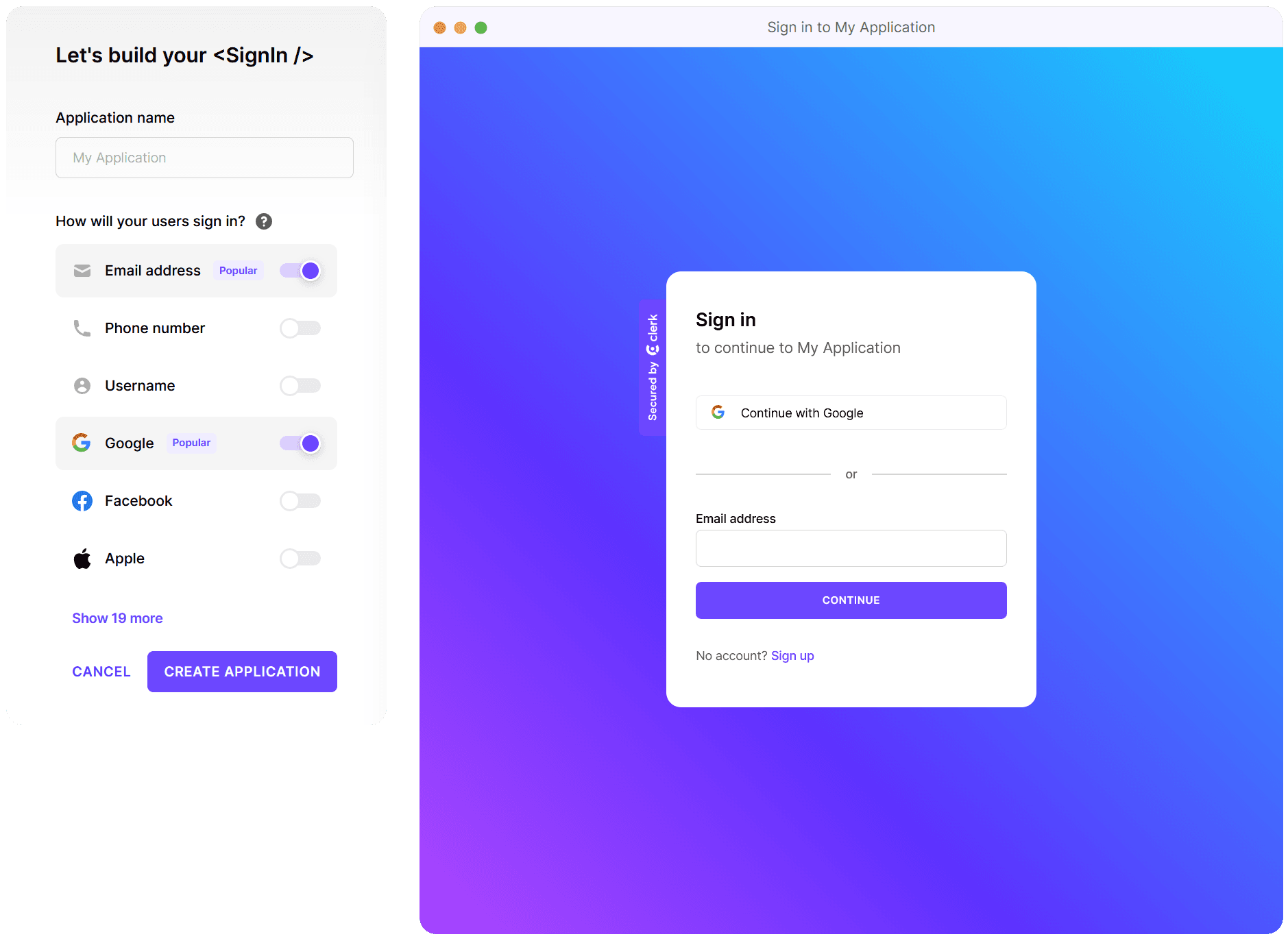 An interactive builder for customizing your <SignIn /> component, which includes choosing identifiers and social login options.