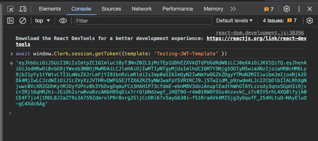 The Dev Tools Console with the command 'await window.Clerk.session.getToken()' entered. The token is logged to the console.